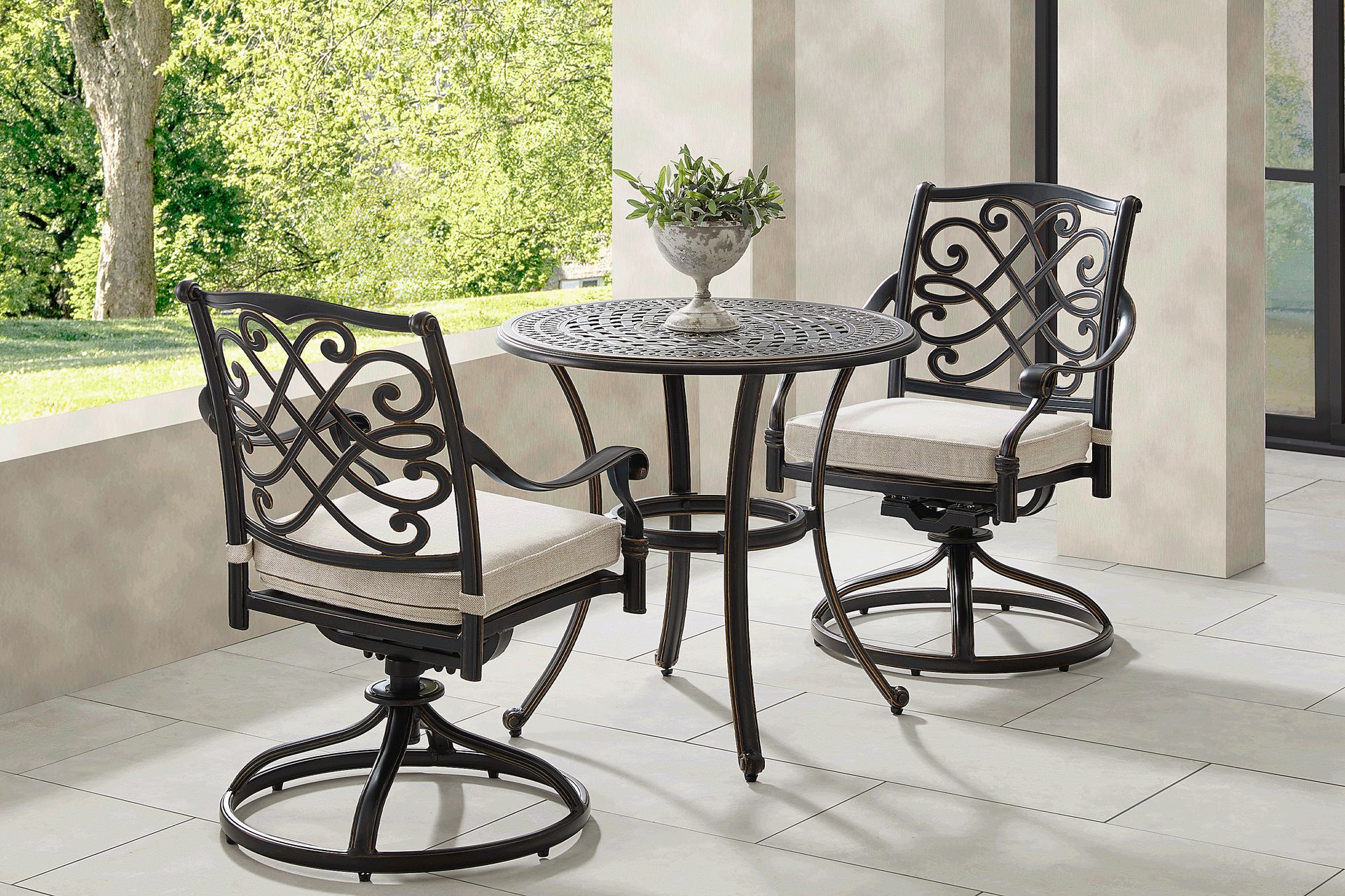 Carina Bronze 3 Pc 30 in. Round Outdoor Dining Set with Desert Cushions - Image 1