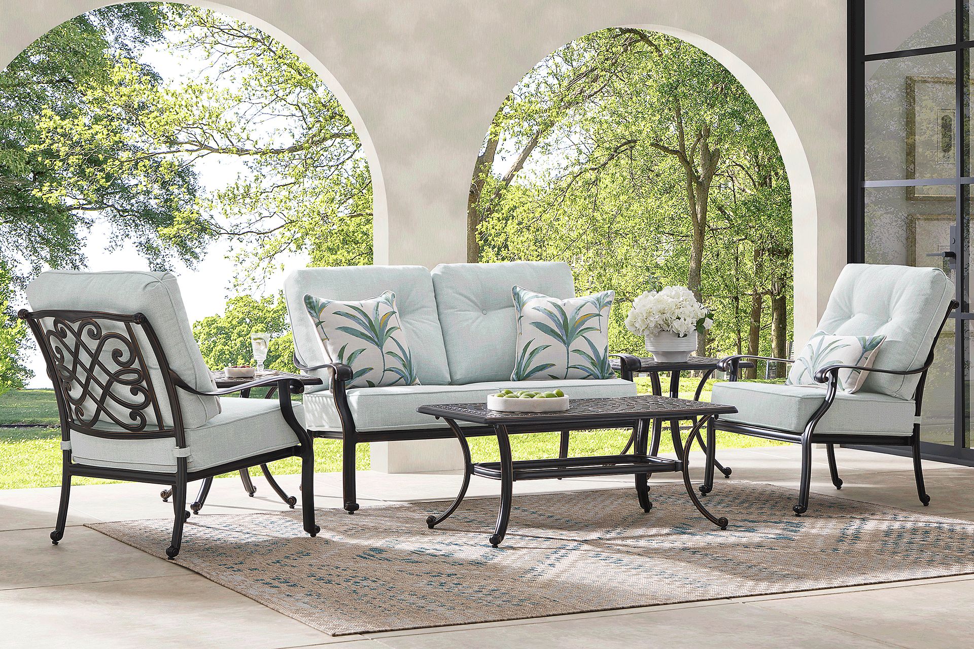 Carina Bronze 4 Pc Outdoor Loveseat Seating Set with Sky Cushions - Image 1