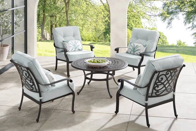 Carina Bronze 5 Pc Outdoor Chat Set with Sky Cushions - Thumbnail - Image 1