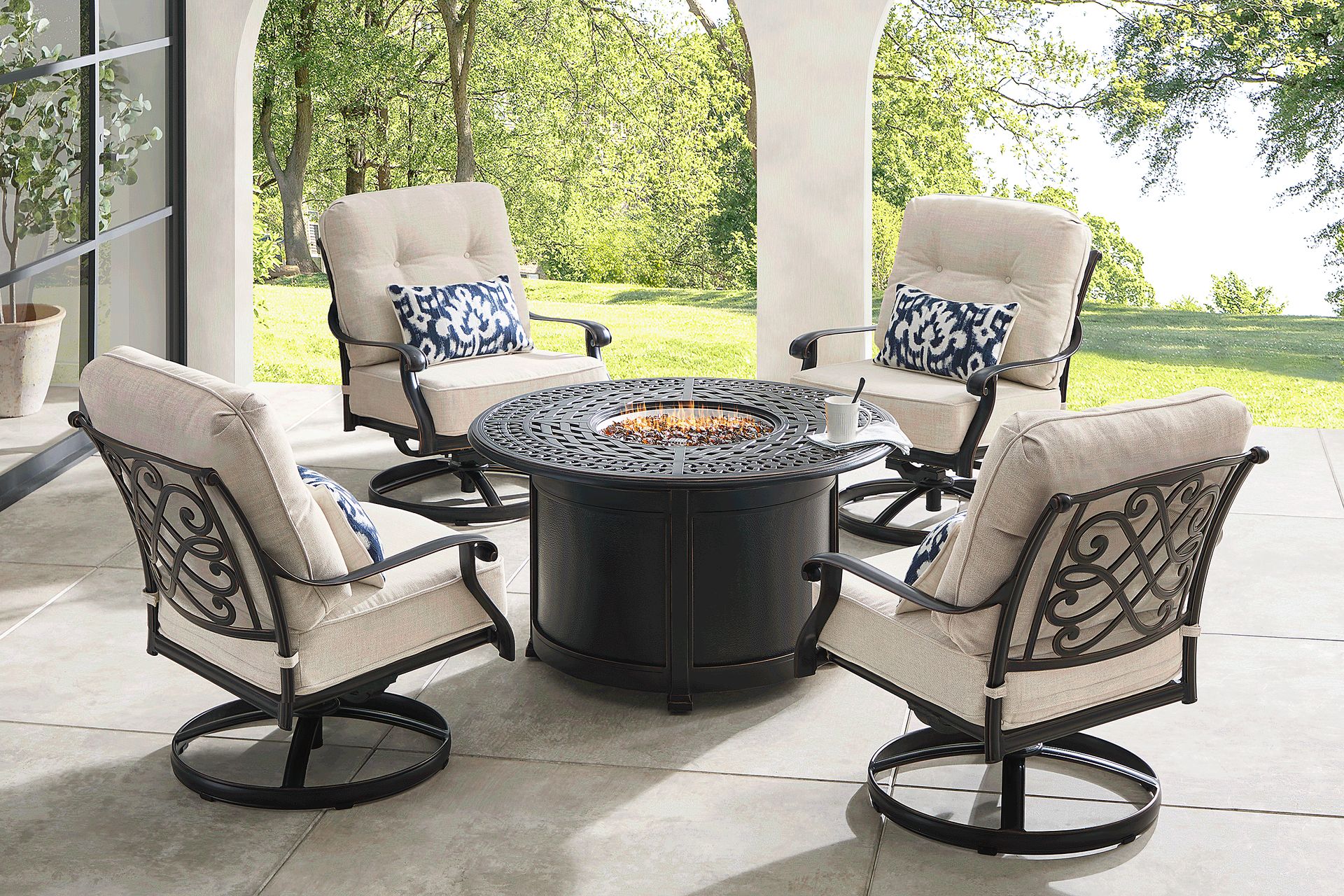 Carina Bronze 5 Pc Outdoor Fire Pit Seating Set with Desert Cushions - Image 1