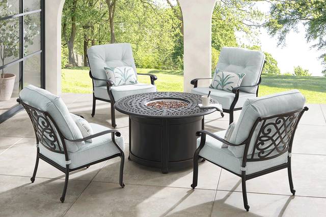 Carina Bronze 5 Pc Outdoor Fire Pit Seating Set with Sky Cushions - Thumbnail - Image 1