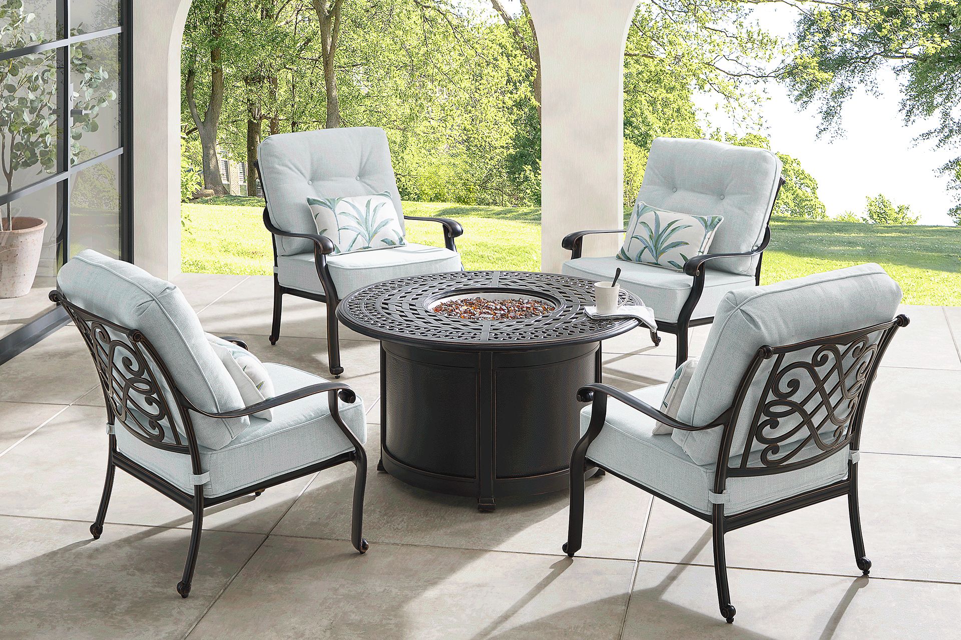 Carina Bronze 5 Pc Outdoor Fire Pit Seating Set with Sky Cushions - Image 1
