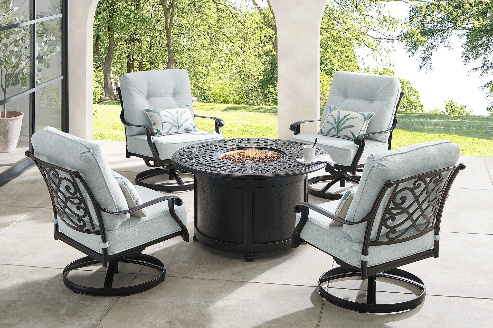 Carina Bronze 5 Pc Outdoor Fire Pit Seating Set with Sky Cushions - Image 1