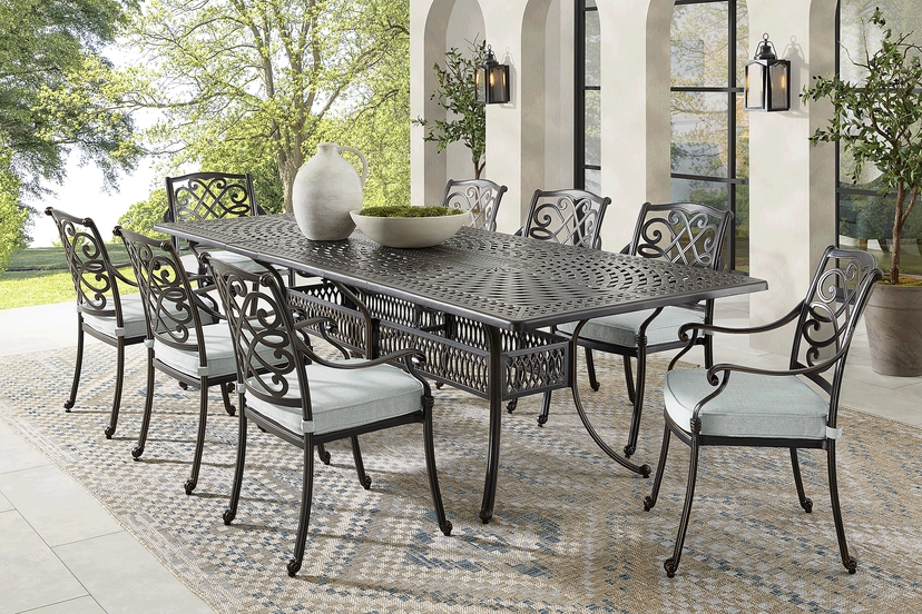 Carina Bronze 9 Pc 87-112 in. Rectangle Extension Outdoor Dining Set with Sky Cushions
