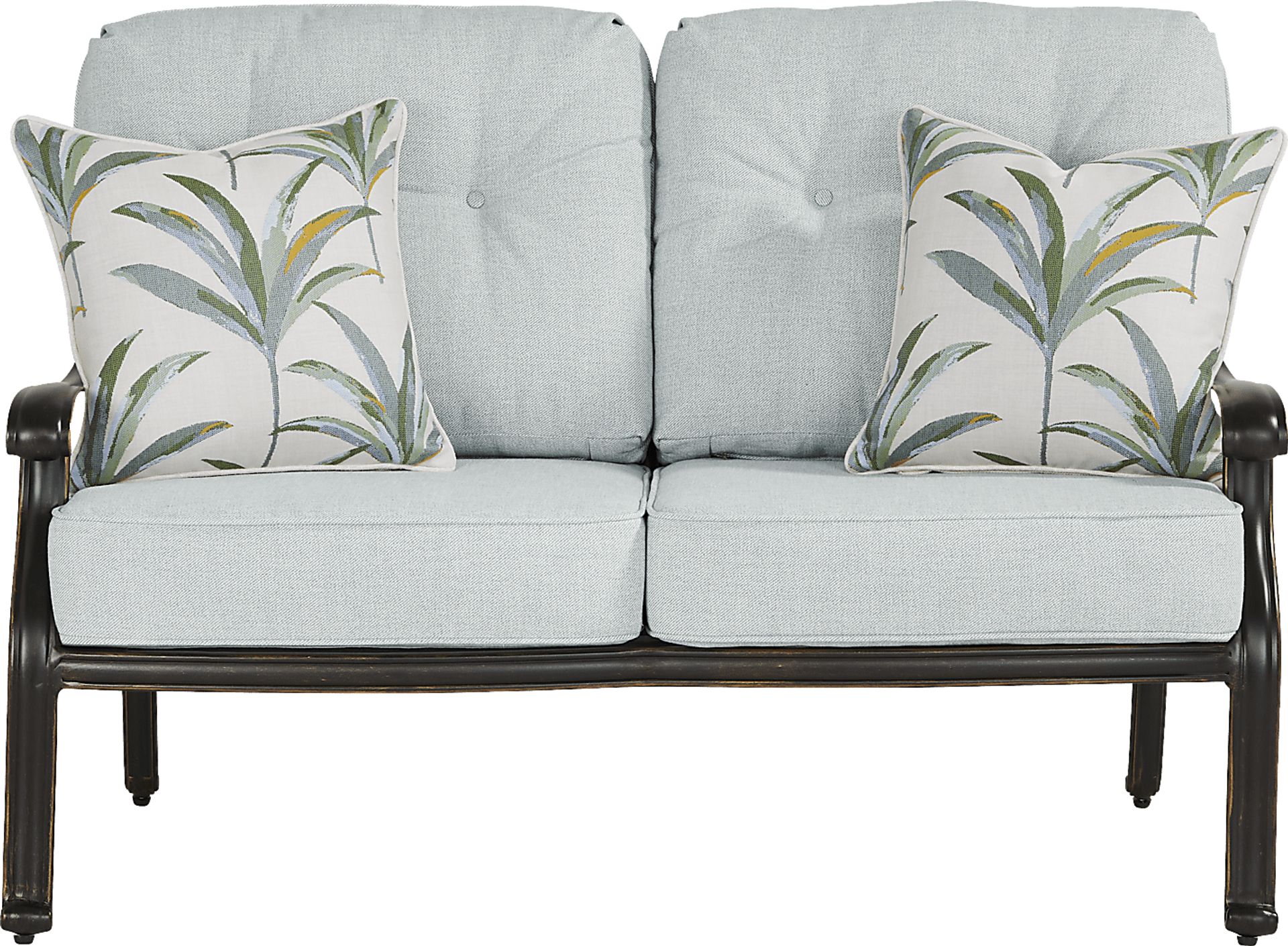 Carina Bronze Outdoor Loveseat with Sky Cushions - Image 1