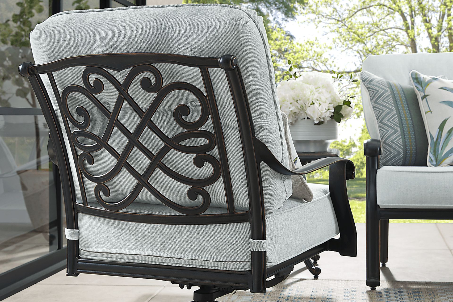 Carina Bronze 5 Pc Outdoor Fire Pit Seating Set with Sky Cushions - Image 8