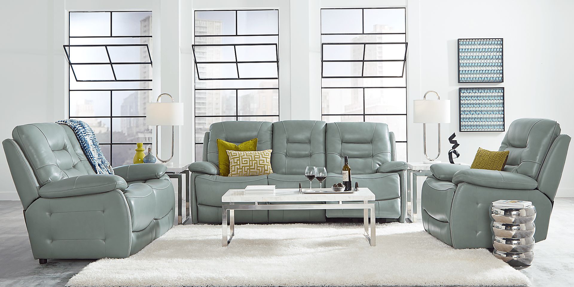Carini Seafoam Leather 5 Pc Living Room with Reclining Sofa - Image 1