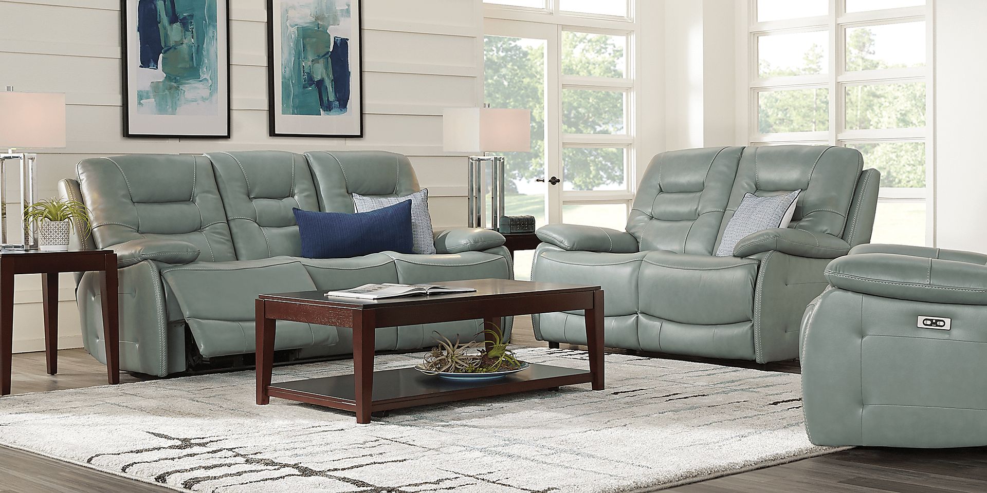 Carini Seafoam Leather 7 Pc Living Room with Reclining Sofa - Image 1