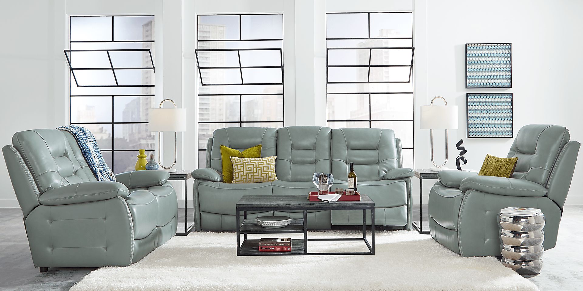 Carini 7 Pc Seafoam Green Leather Living Room Set | Rooms to Go