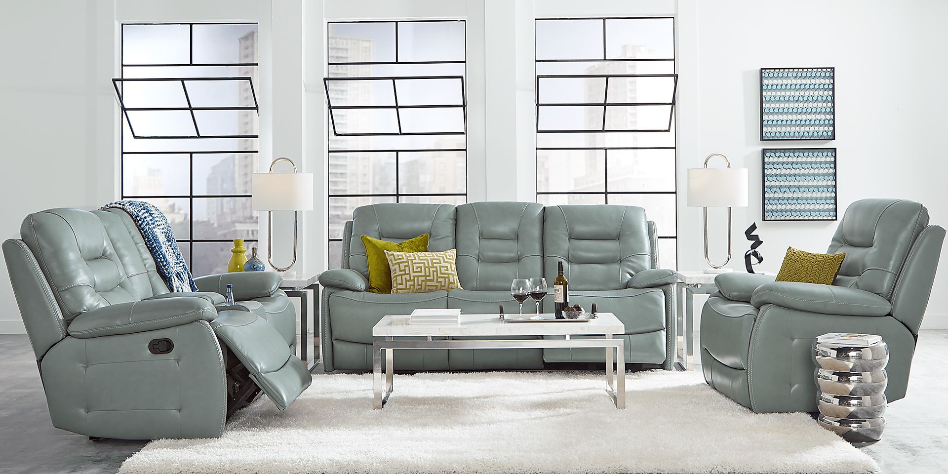 Carini Seafoam Leather 7 Pc Power Reclining Living Room - Image 1