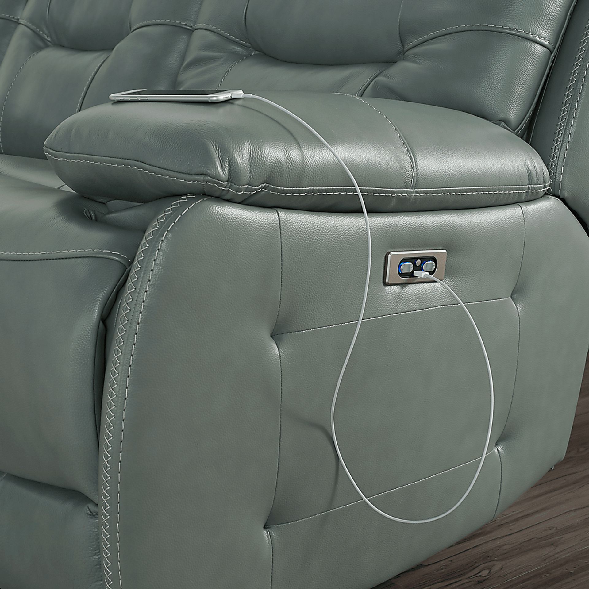 Carini Seafoam Leather Dual Power Reclining Sofa - Image 3