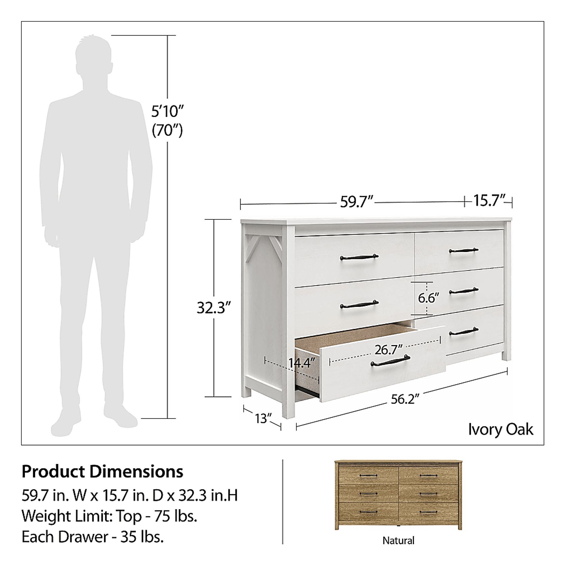Carmarthen White 6 Drawer Dresser - Image 12