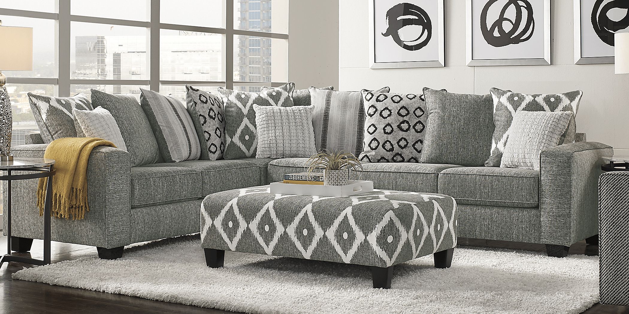 Carole Court 5 Pc Gray Polyester Fabric Living Room Set With 2 Pc Right Arm Sofa Sectional Cocktail Table End Table Table Lamp