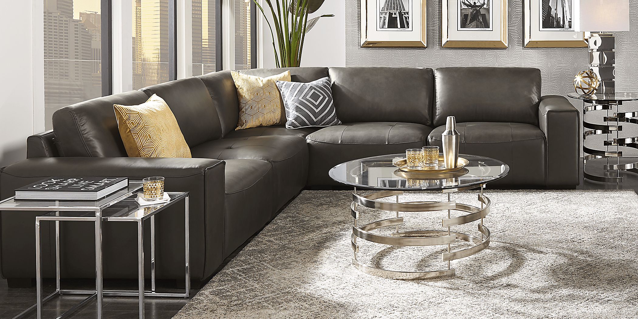 Grey leather sectional rooms to go discount