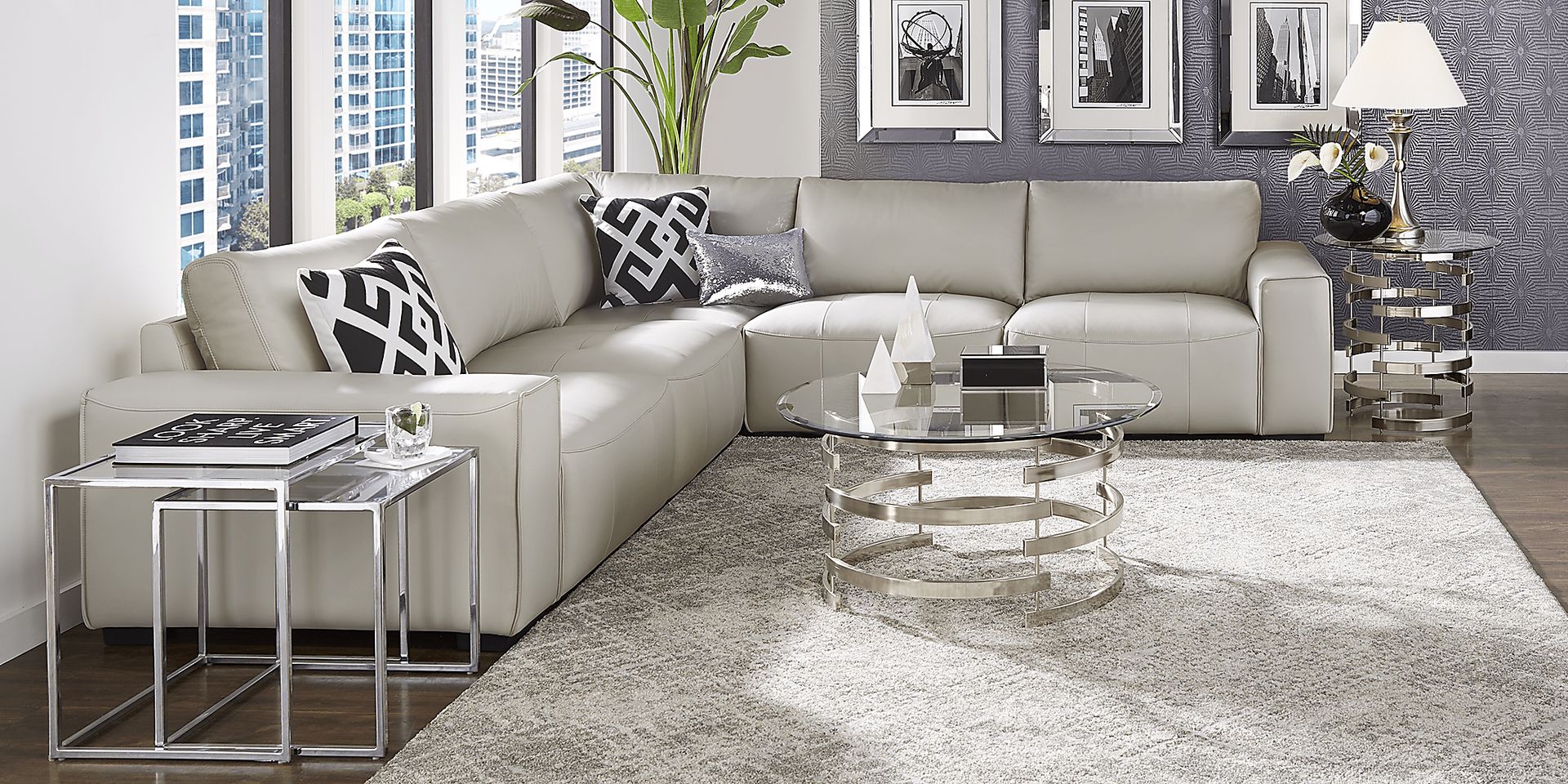Cassano Light Gray Leather 5 Pc Sectional - Image 2