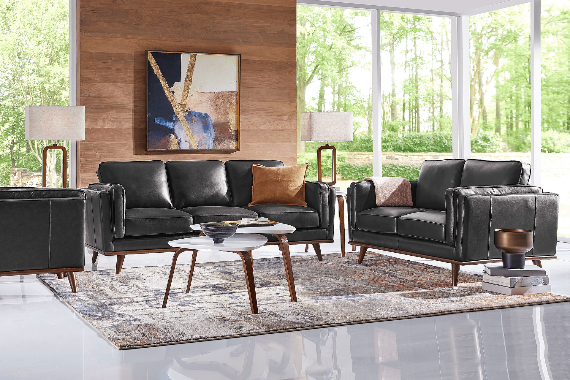 Cassina Court 5 Pc Black Leather Living Room Set With Sofa 