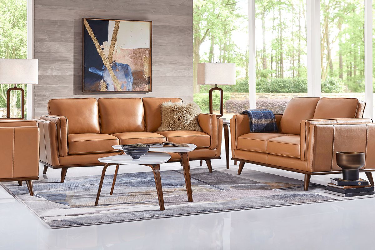 Cassina Court 2 Pc Caramel Brown Leather Living Room Set With Sofa ...