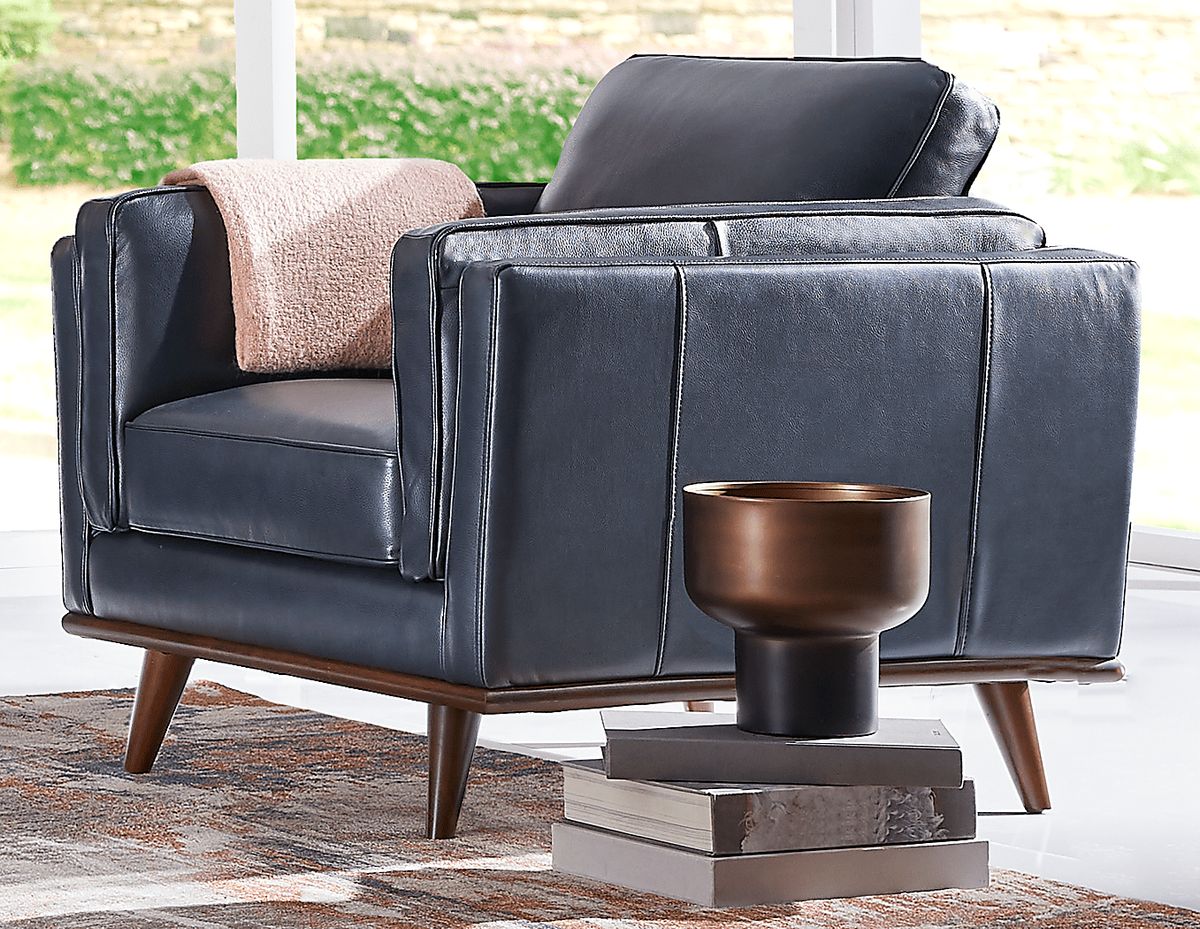 Cassina Way 3 Pc Navy Blue Leather Living Room Set With Sofa