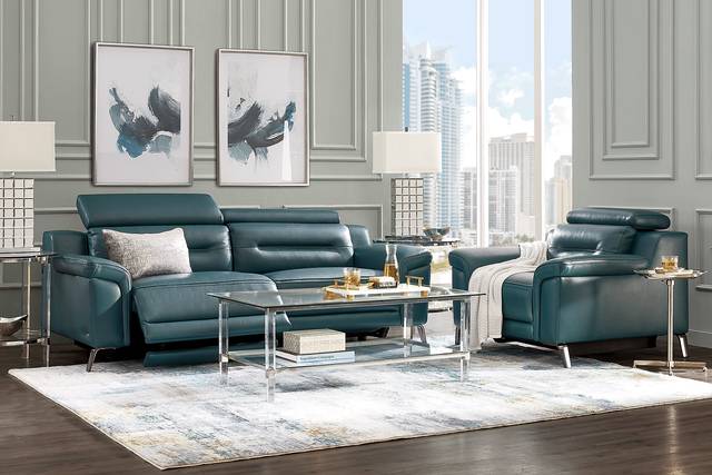 Castella Teal Leather 5 Pc Dual Power Reclining Living Room - Thumbnail - Image 1