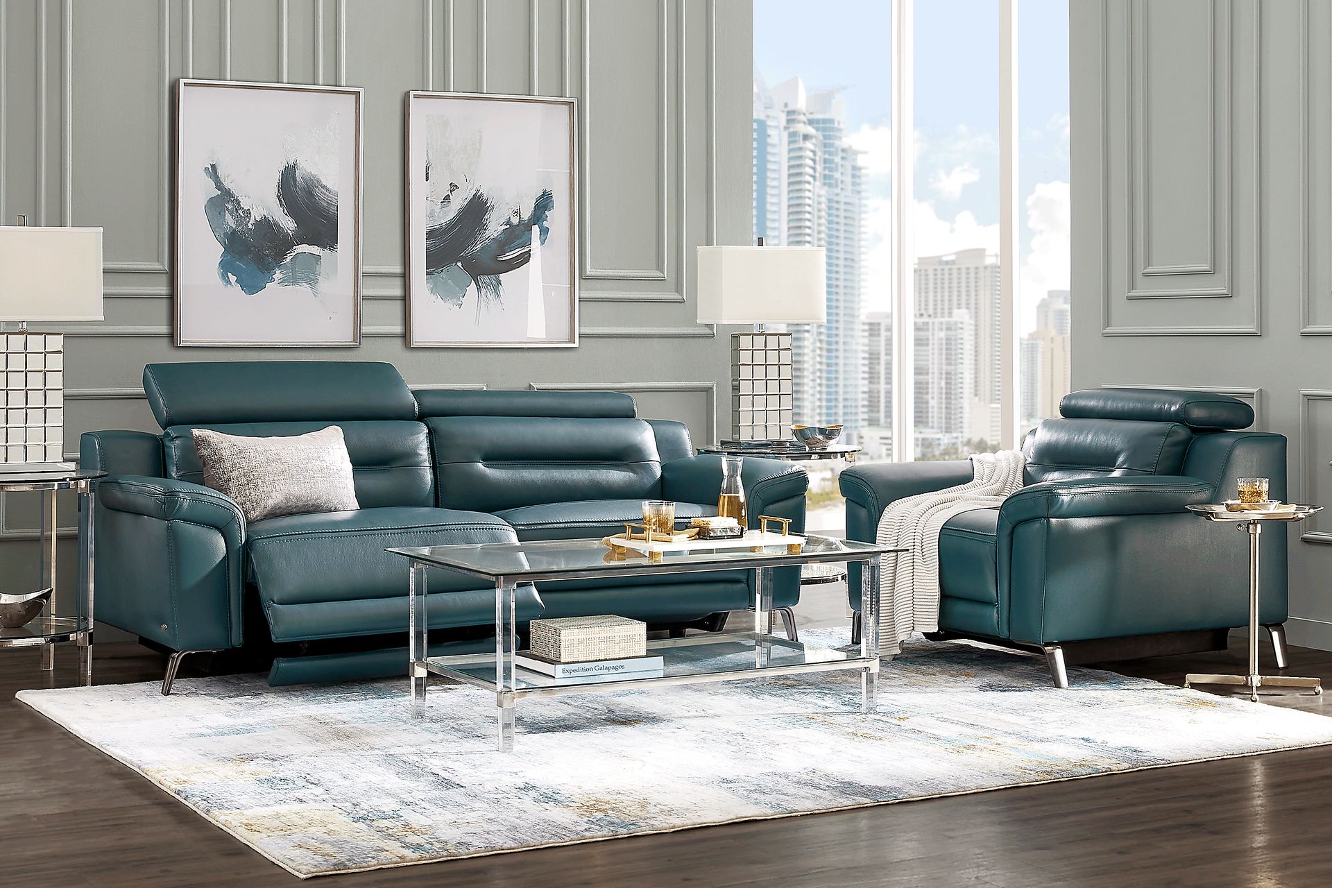 Castella Teal Leather 5 Pc Dual Power Reclining Living Room - Image 1