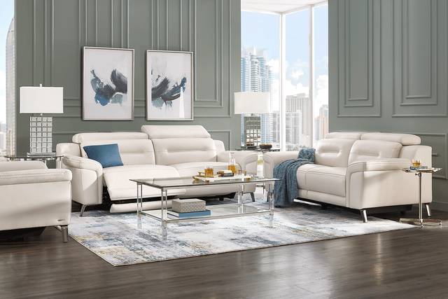 Castella Ivory Leather 5 Pc Living Room with Dual Power Reclining Sofa - Thumbnail - Image 1
