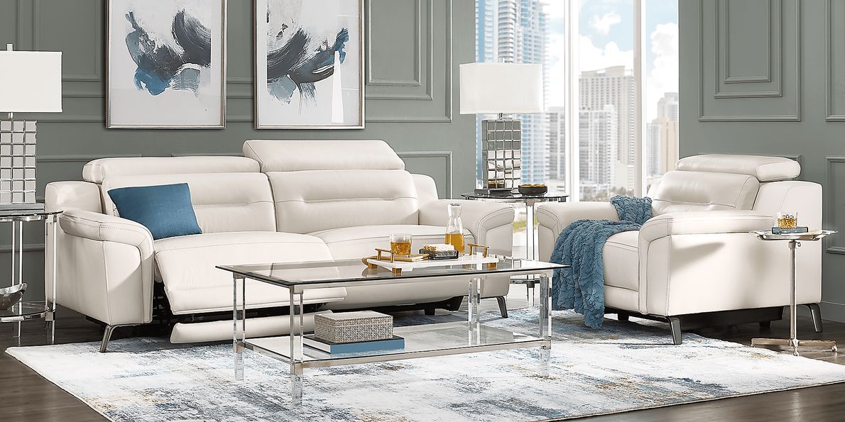 Castella 7 Pc Ivory Beige Leather Dual Power Reclining Living Room Set ...