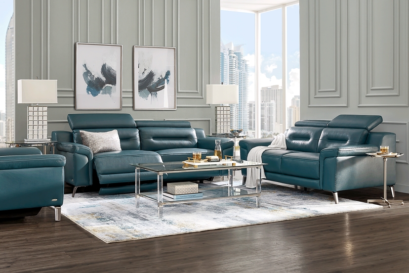 Castella Teal Leather 2 Pc Living Room with Dual Power Reclining Sofa