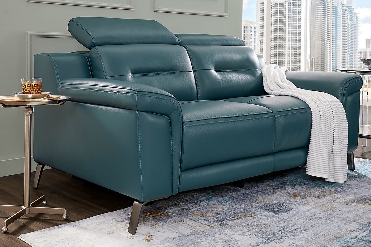 Castella Teal Blue Green Leather Dual Power Reclining Loveseat