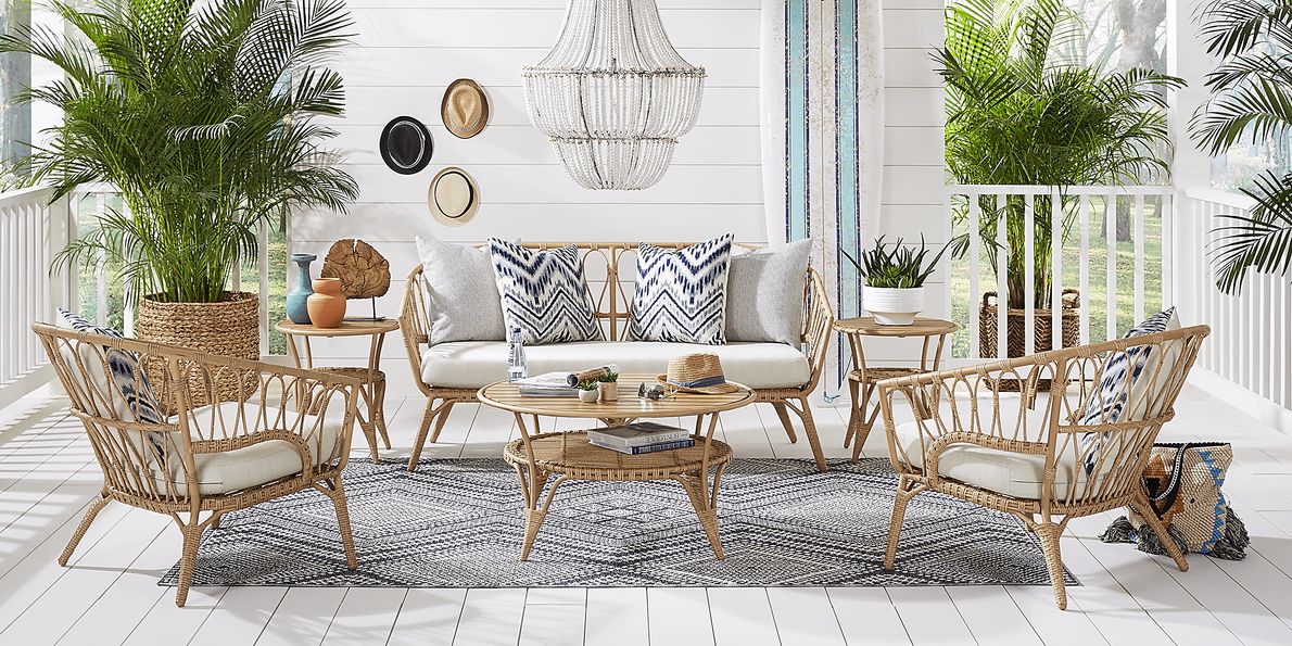 Catalina 4 Pc Natural Light Wood Beige Vinyl Fabric Outdoor Seating Set