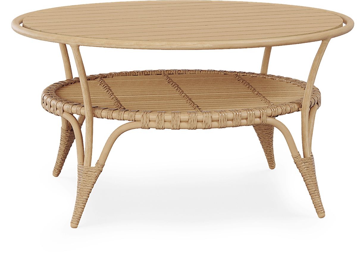 Catalina Natural Light Wood Vinyl Fabric Outdoor Cocktail Table Rooms