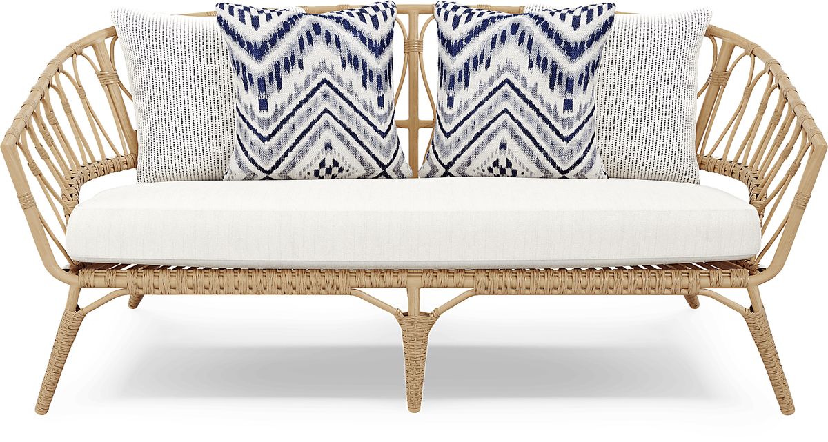 Catalina Natural Light Wood Beige Vinyl Fabric Outdoor Loveseat Rooms