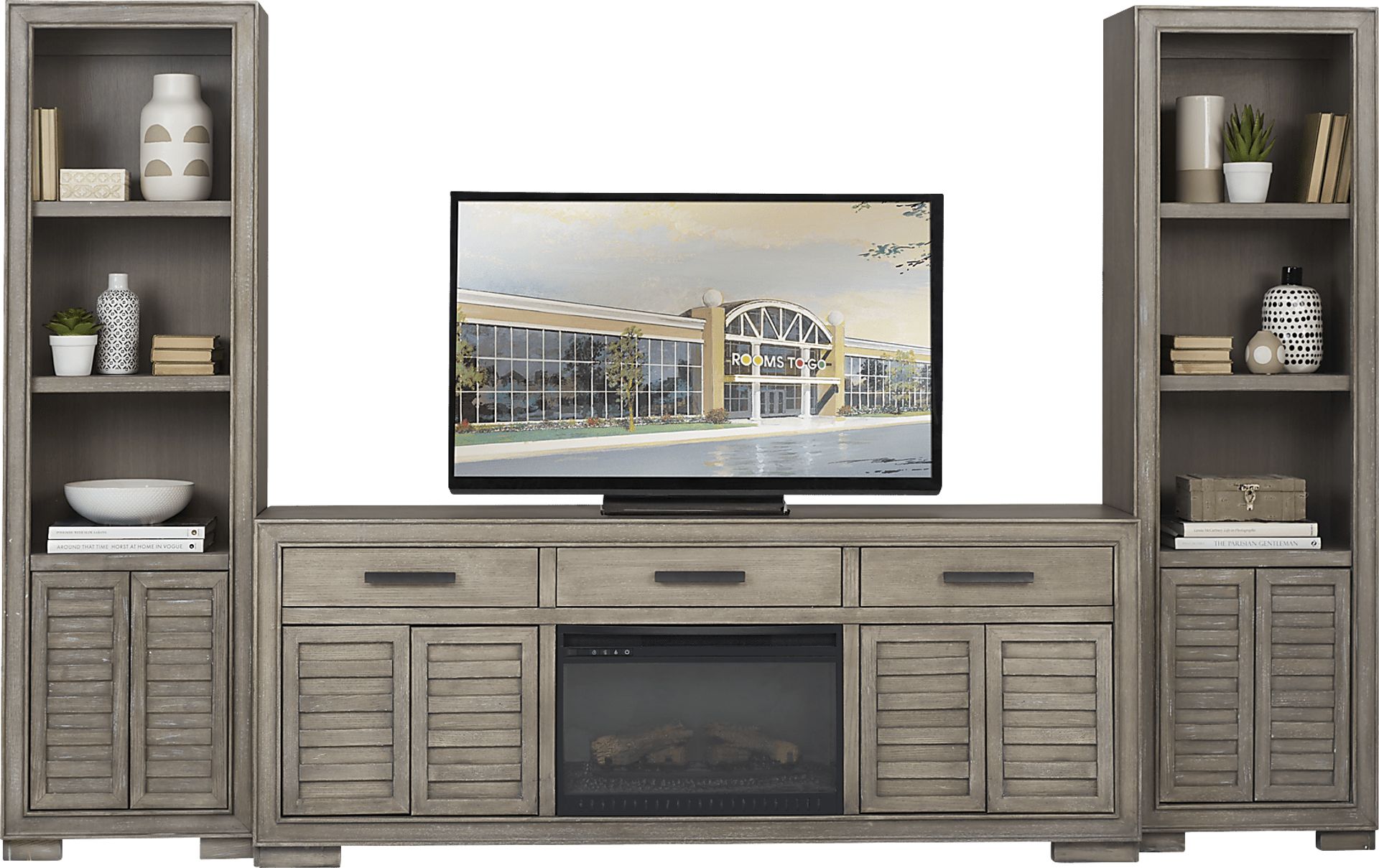Cates Ridge Light Gray 3 Pc Wall Unit with Electric Log Fireplace - Image 2