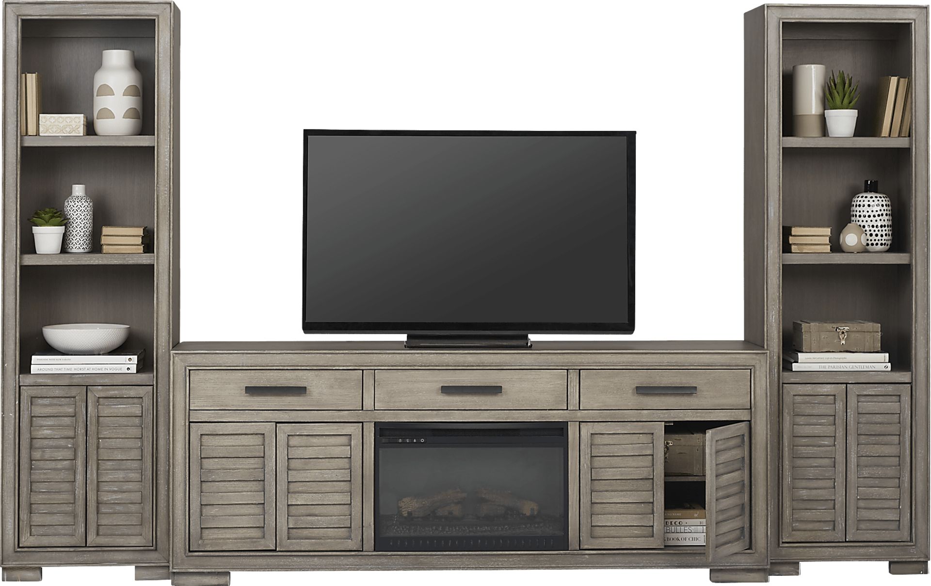 Cates Ridge Light Gray 3 Pc Wall Unit with Electric Log Fireplace - Image 3