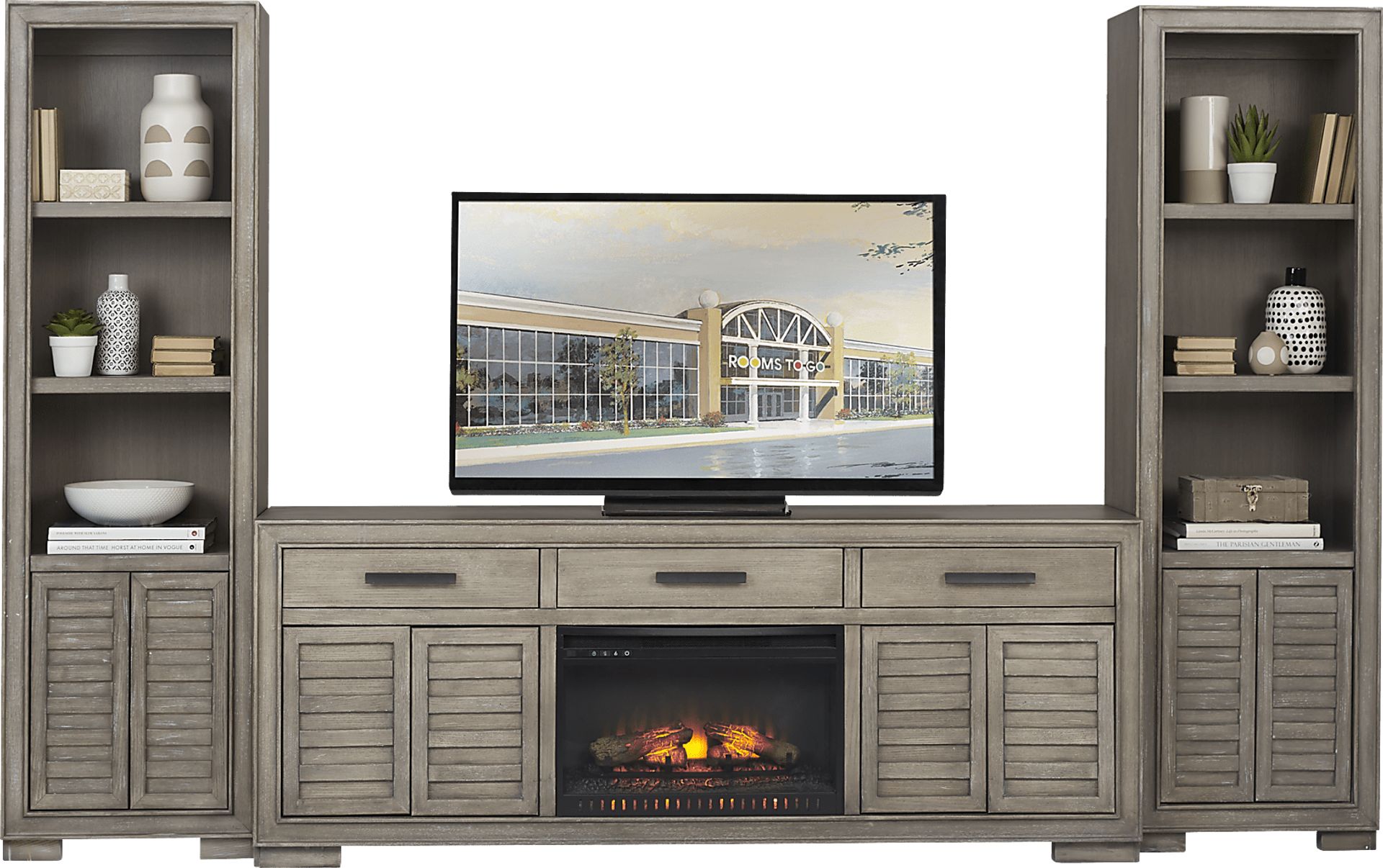 Cates Ridge Light Gray 3 Pc Wall Unit with Electric Log Fireplace - Image 1