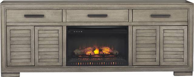 Cates Ridge Light Gray 81 in. Console with Electric Log Fireplace - Thumbnail - Image 2