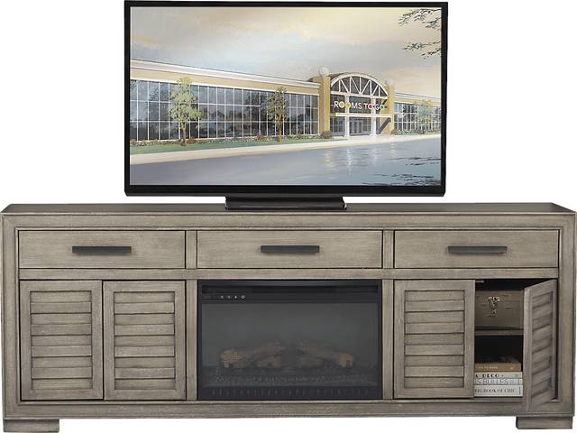 Cates Ridge Light Gray 81 in. Console with Electric Log Fireplace - Thumbnail - Image 3