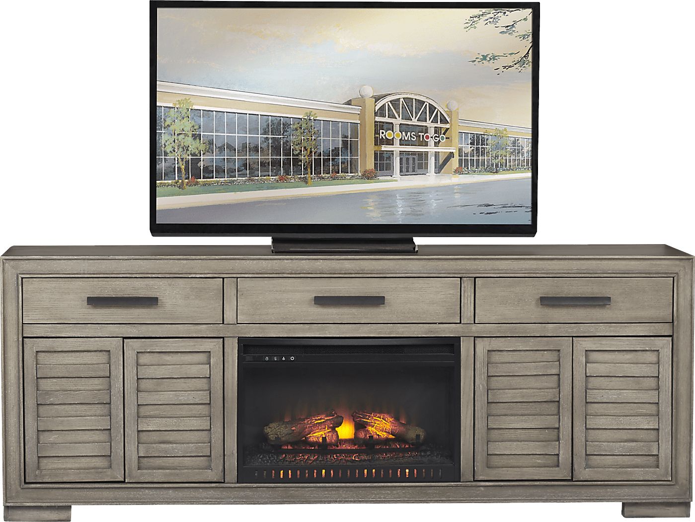 Cates Ridge Light Gray 81 in. Console with Electric Log Fireplace