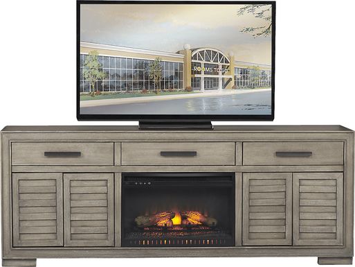 Cates Ridge Light Gray 81 in. Console with Electric Log Fireplace