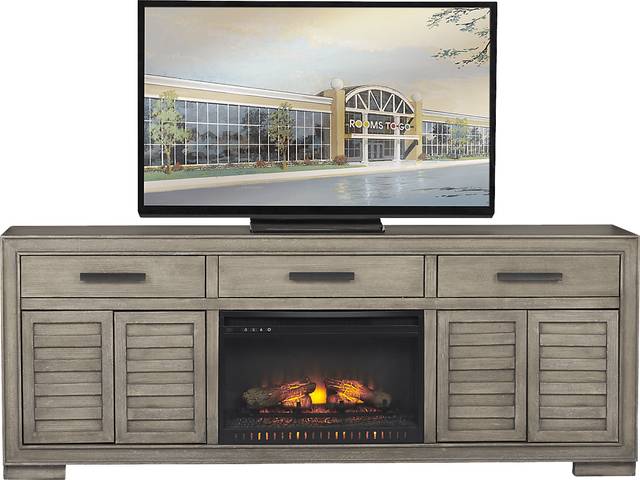 Cates Ridge Light Gray 81 in. Console with Electric Log Fireplace - Thumbnail - Image 1