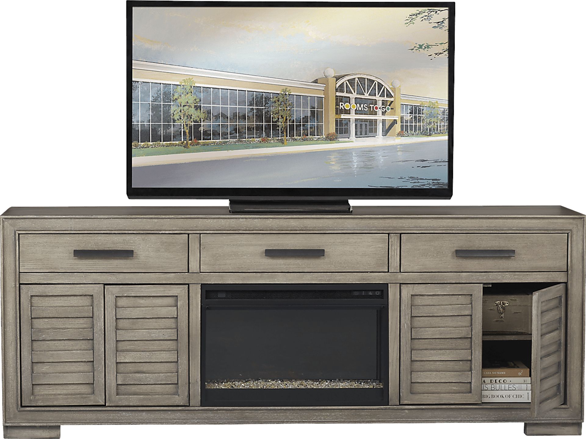 Cates Ridge Light Gray 81 in. Console with Electric Fireplace - Image 3