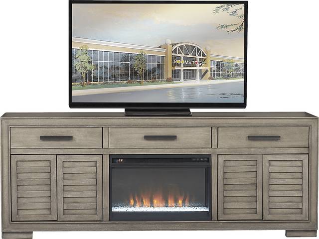 Cates Ridge Light Gray 81 in. Console with Electric Fireplace - Thumbnail - Image 1