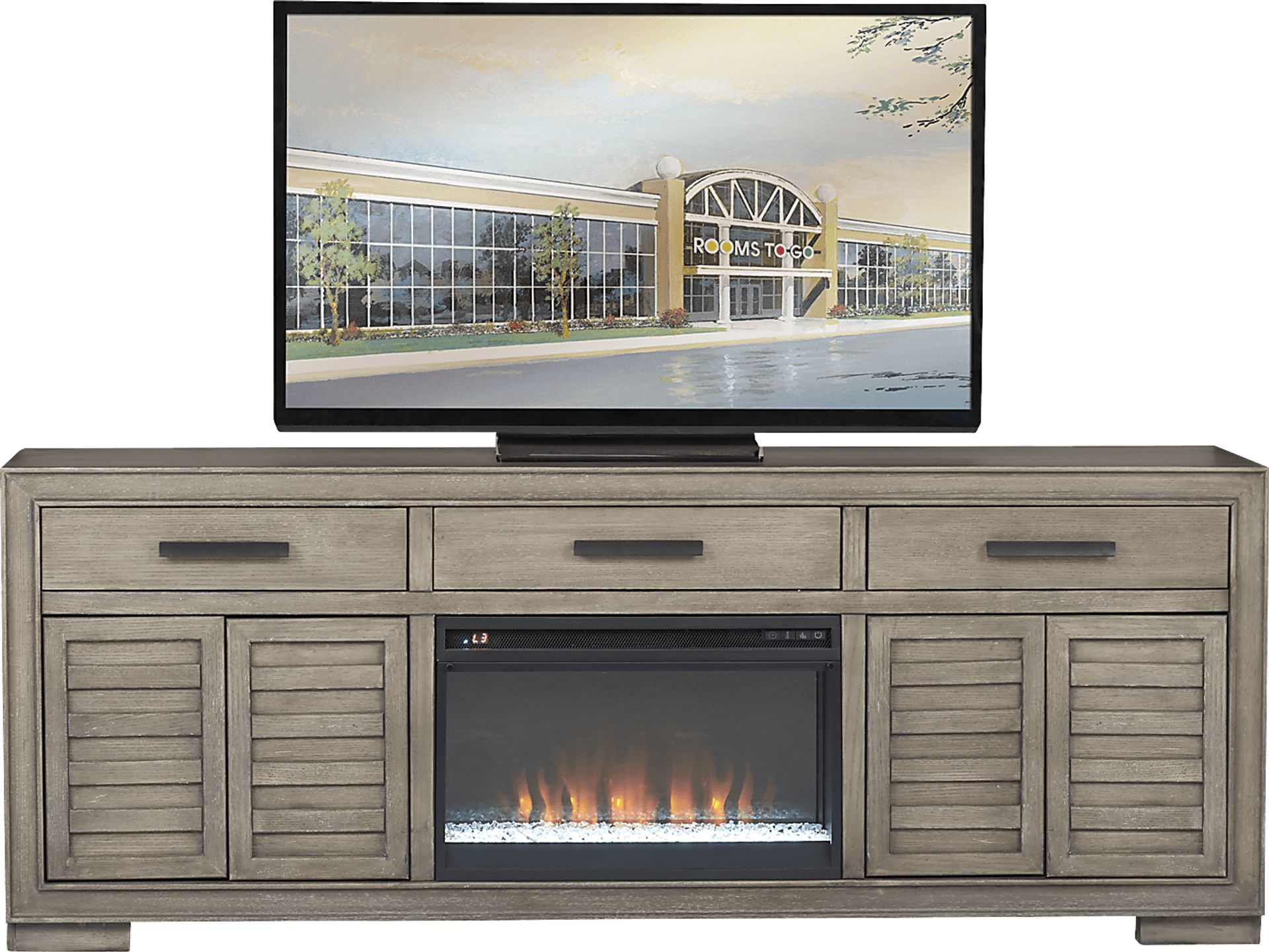 Cates Ridge Light Gray 81 in. Console with Electric Fireplace - Image 1