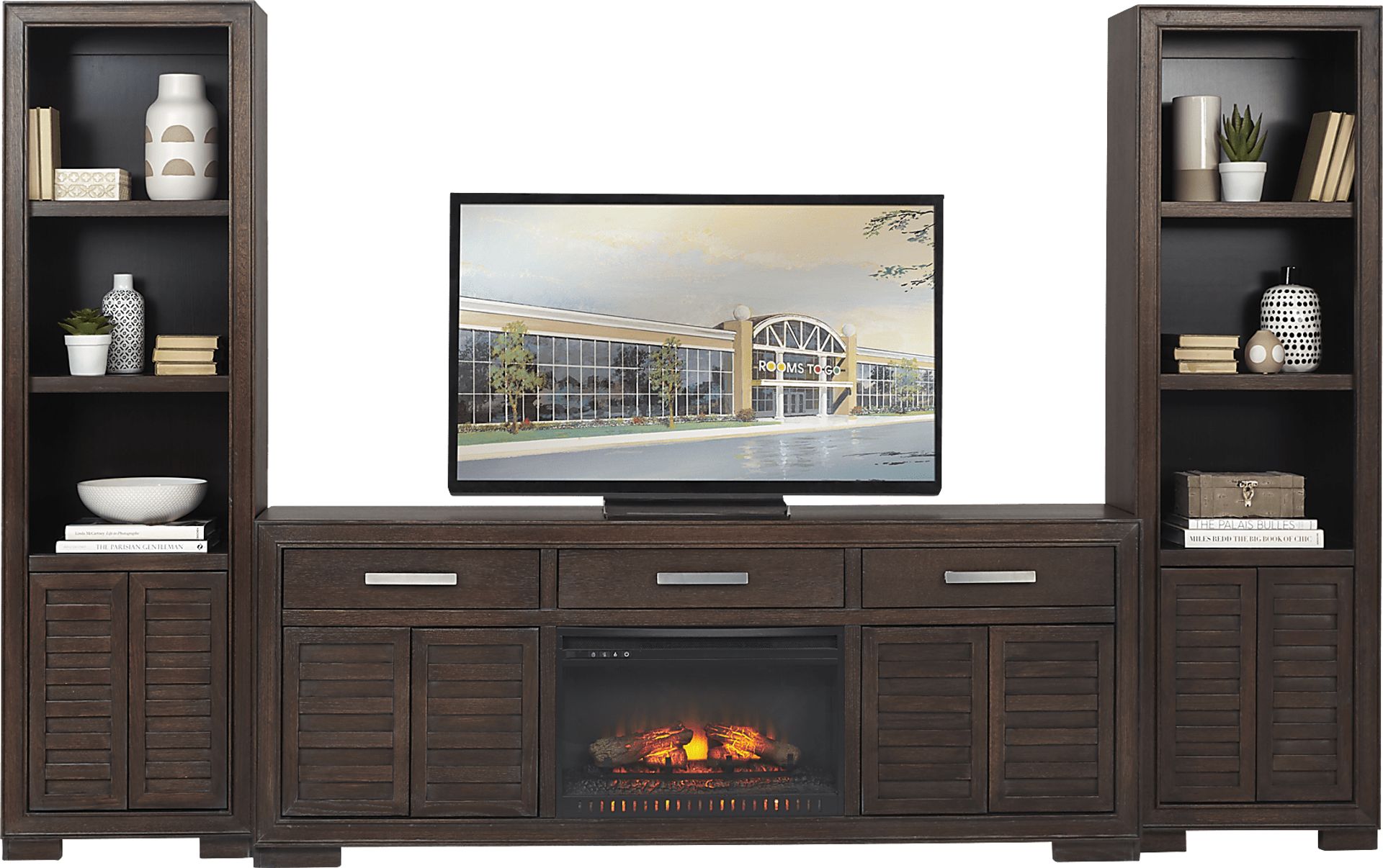 Cates Ridge Tobacco 3 Pc Wall Unit with Electric Log Fireplace - Image 1