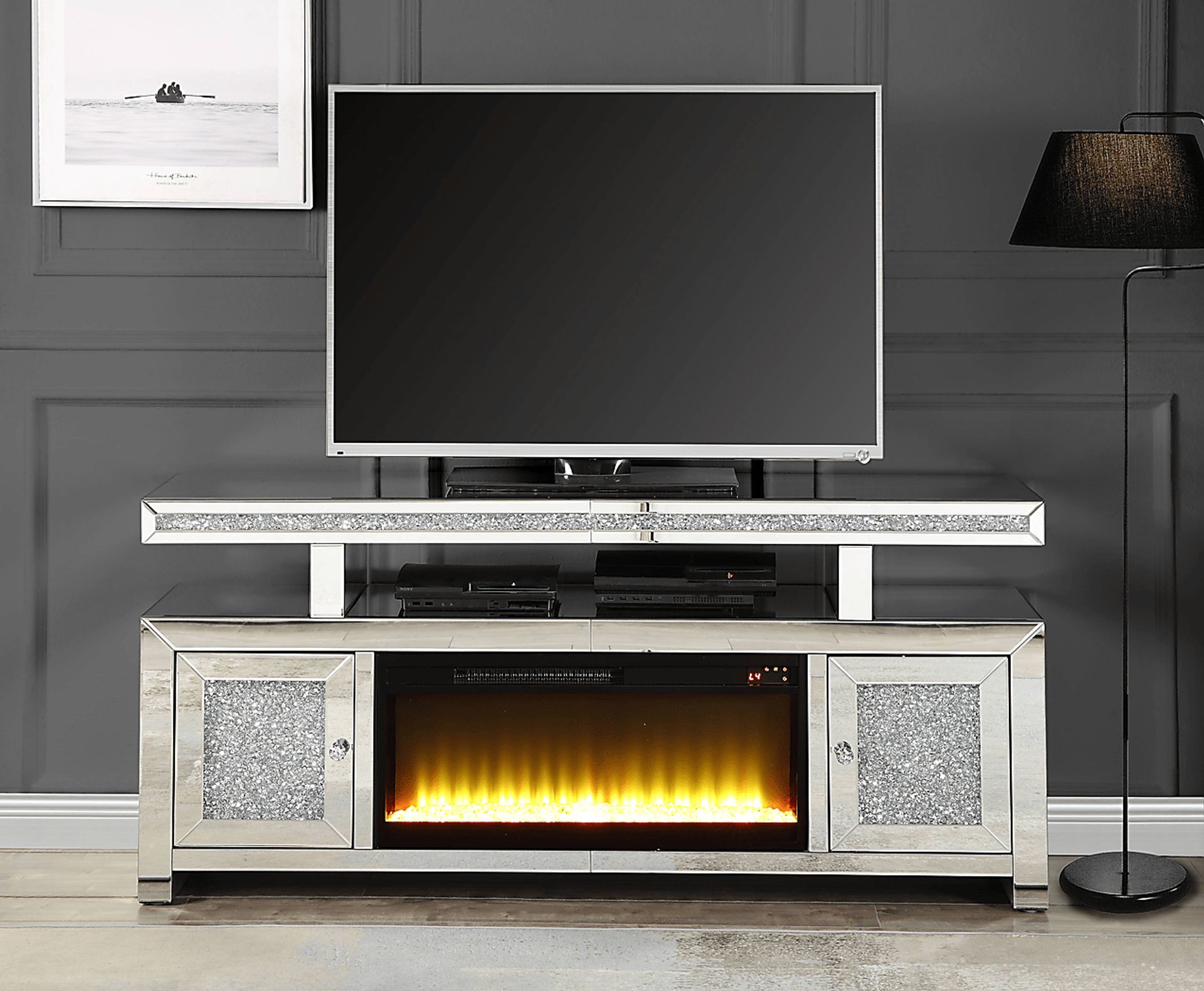 Cawthorn SIlver 63 in. Console, With Electric Fireplace - Image 2