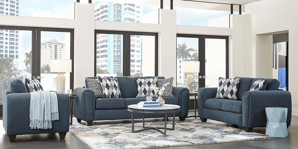 Caylor Falls 2 Pc Denim Blue Polyester Fabric Living Room Set With Sofa ...