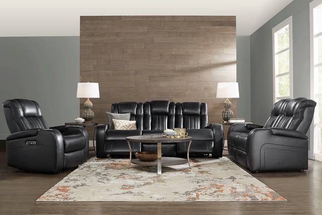 Cenova Black Leather 3 Pc Living Room with Dual Power Reclining Sofa - Thumbnail - Image 1