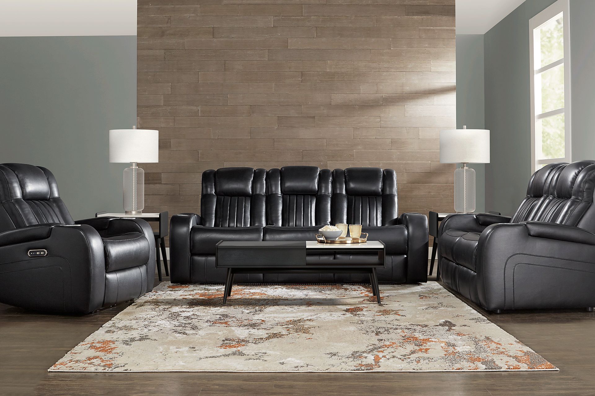 Cenova Black Leather 5 Pc Living Room with Dual Power Reclining Sofa - Image 1