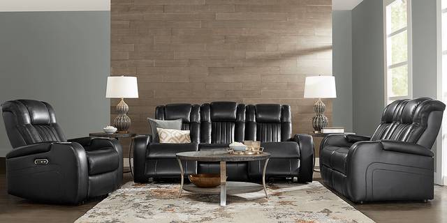 Cenova Black Leather 7 Pc Living Room with Dual Power Reclining Sofa - Thumbnail - Image 1