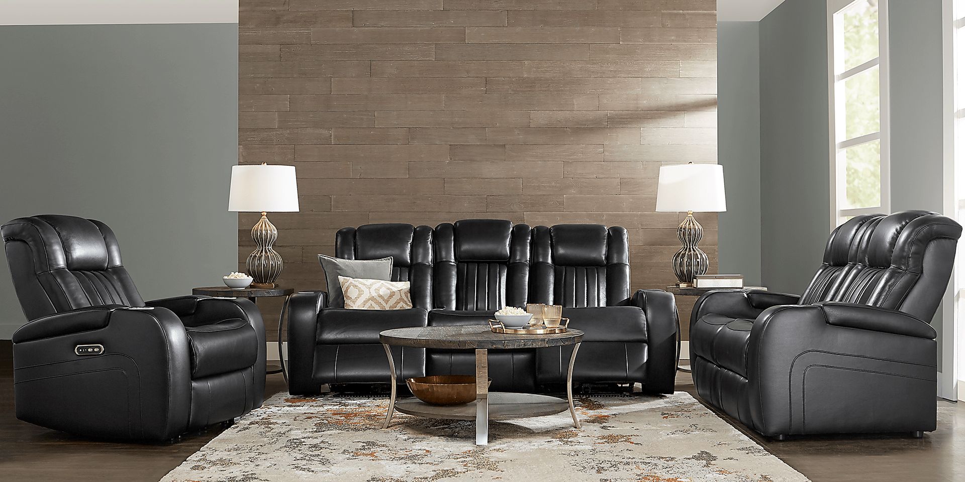 Cenova Black Leather 7 Pc Living Room with Dual Power Reclining Sofa - Image 1