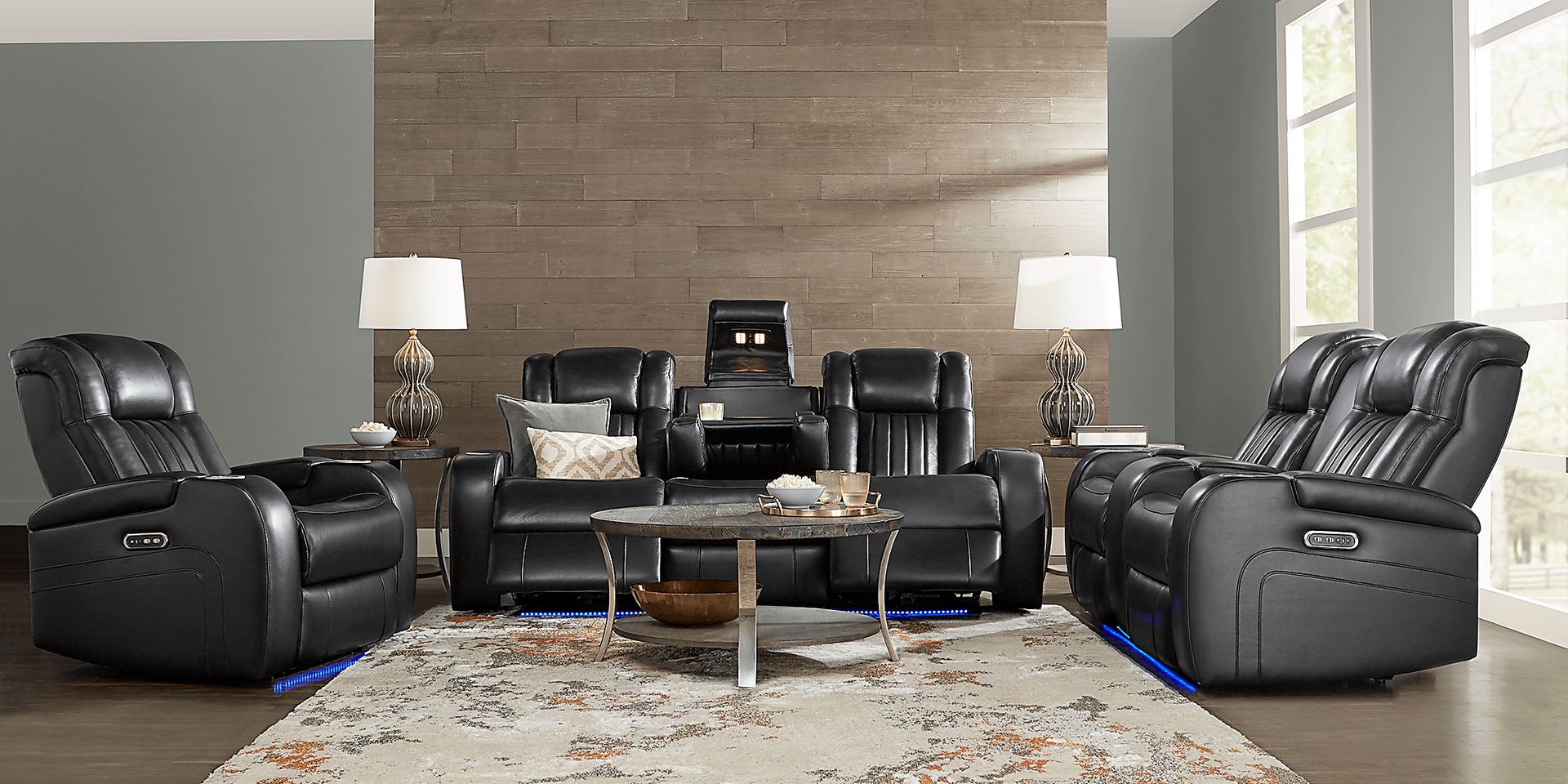Cenova Black Leather 7 Pc Living Room with Dual Power Reclining Sofa - Image 2